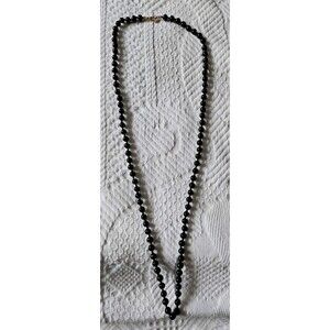 Vintage Classic Signed Monet Glass Black Beaded Necklace Hand Knotted 16”